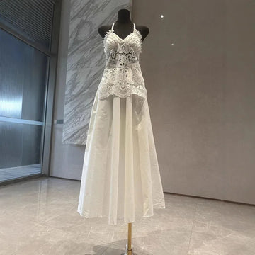 Xajzpa Fashion Women Dress Sleeveless V Neck Lace Neck Hanging White Elegant Female Party Dresses New Tide